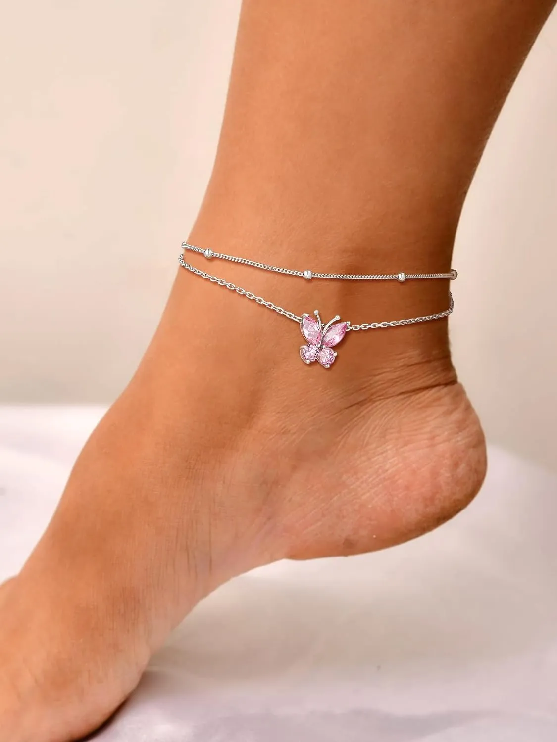 SILVERCUTE Silver Anklets for Women Cute Butterfly Jewelry 925 Sterling Silver Anklets Waterproof Summer Beach Foot Bracelet January to December Birthstone Anklet 22-27cm