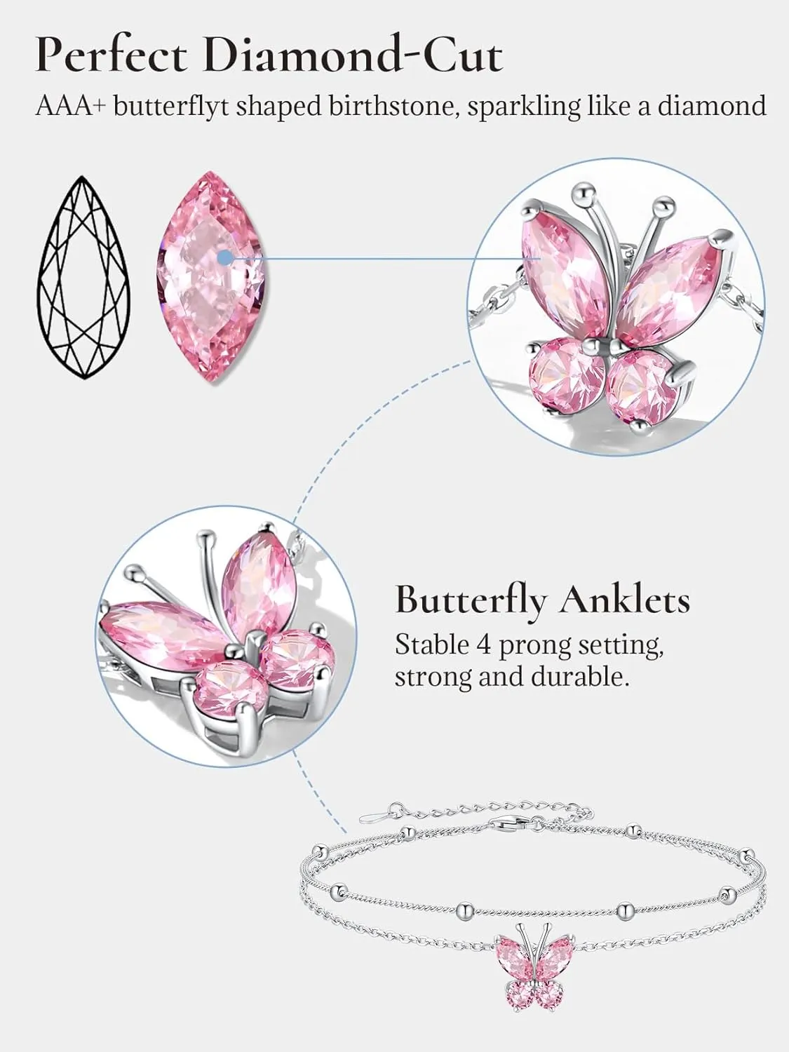 SILVERCUTE Silver Anklets for Women Cute Butterfly Jewelry 925 Sterling Silver Anklets Waterproof Summer Beach Foot Bracelet January to December Birthstone Anklet 22-27cm