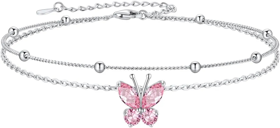 SILVERCUTE Silver Anklets for Women Cute Butterfly Jewelry 925 Sterling Silver Anklets Waterproof Summer Beach Foot Bracelet January to December Birthstone Anklet 22-27cm