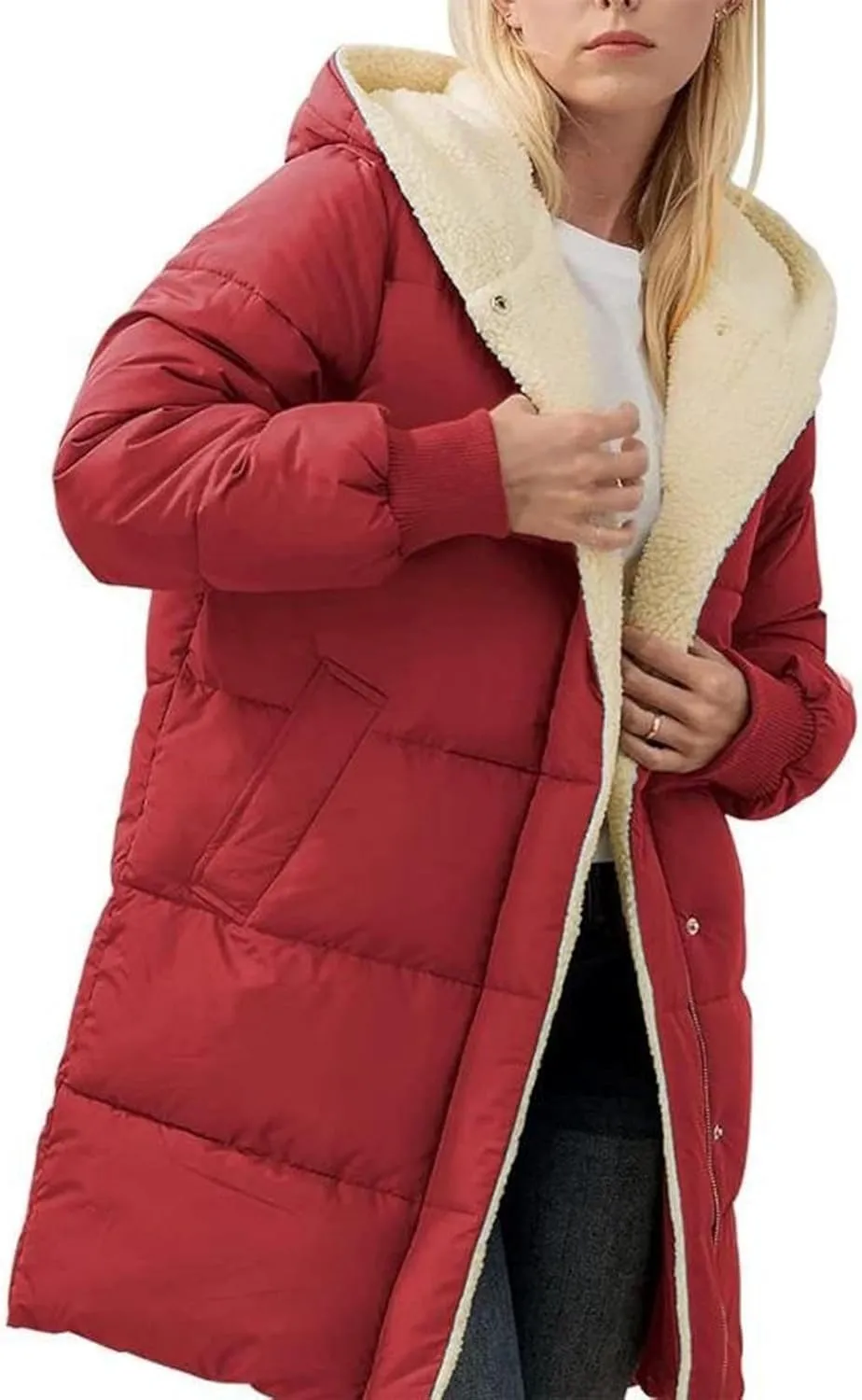 Sinzelimin Women Hooded Parka Jackets Fleece Lined Thickened Down Jacket Winter Hooded Puffy Packable Jacket Warm Puffer Coat