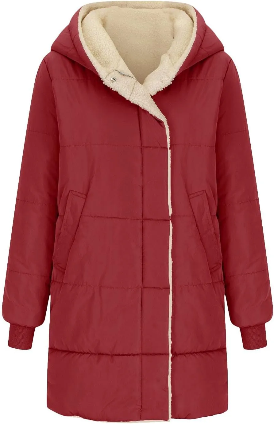 Sinzelimin Women Hooded Parka Jackets Fleece Lined Thickened Down Jacket Winter Hooded Puffy Packable Jacket Warm Puffer Coat