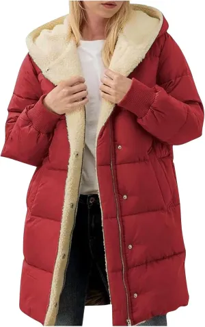 Sinzelimin Women Hooded Parka Jackets Fleece Lined Thickened Down Jacket Winter Hooded Puffy Packable Jacket Warm Puffer Coat