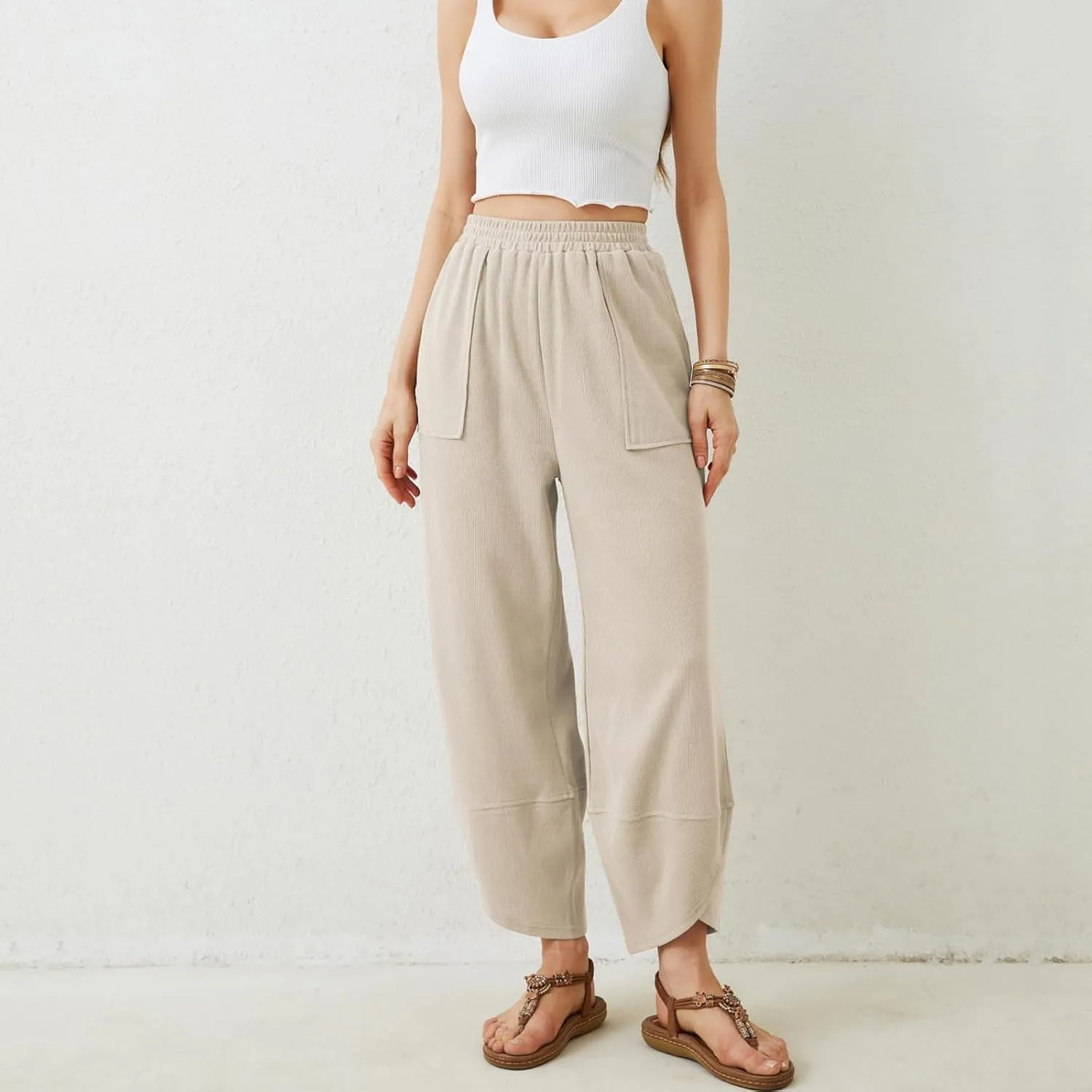 Sinzelimin Womens Harem Pants Fashion Solid Color Elastic Waist Loose Comfy Casual Bootcut Wide Leg Sweatpant with Pockets