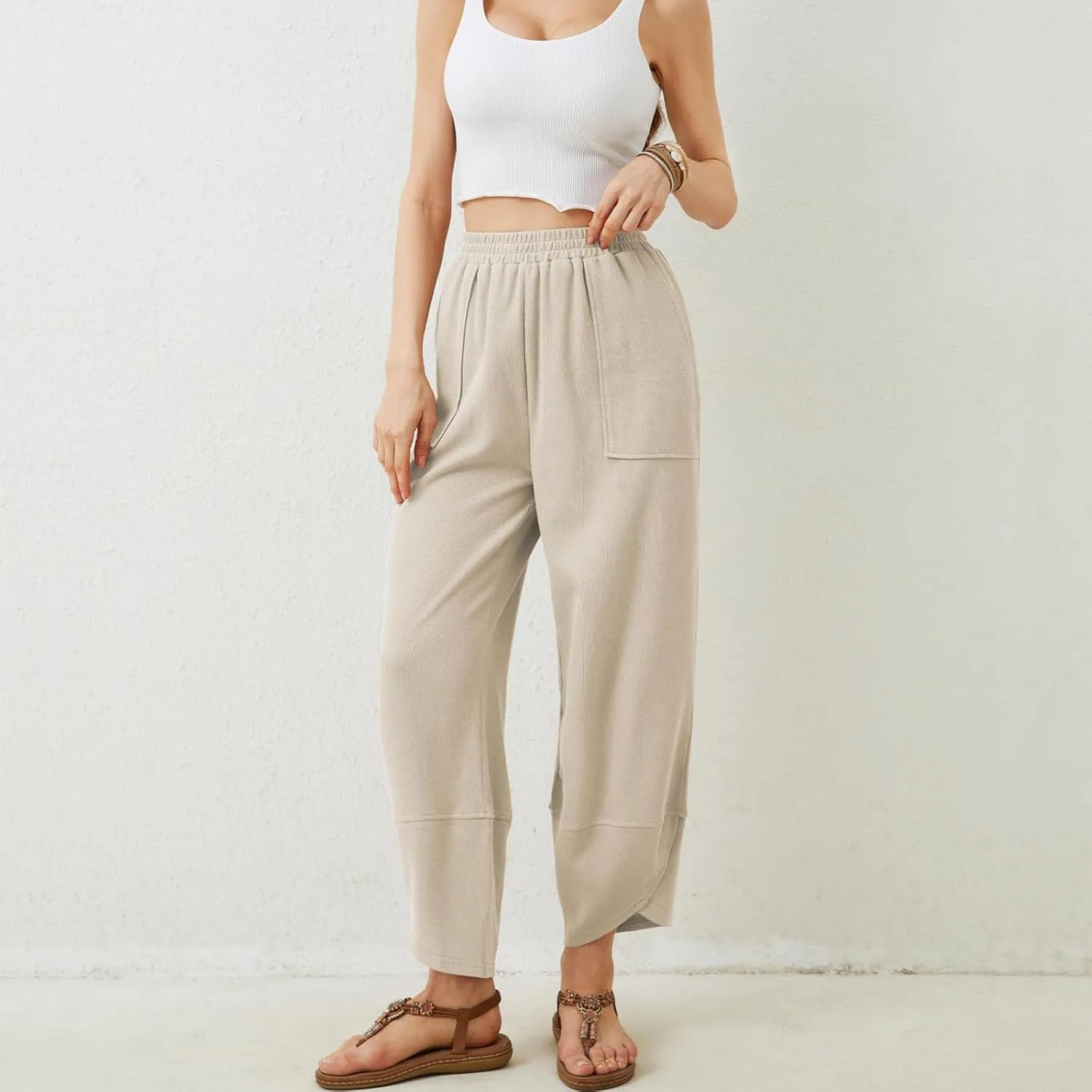 Sinzelimin Womens Harem Pants Fashion Solid Color Elastic Waist Loose Comfy Casual Bootcut Wide Leg Sweatpant with Pockets
