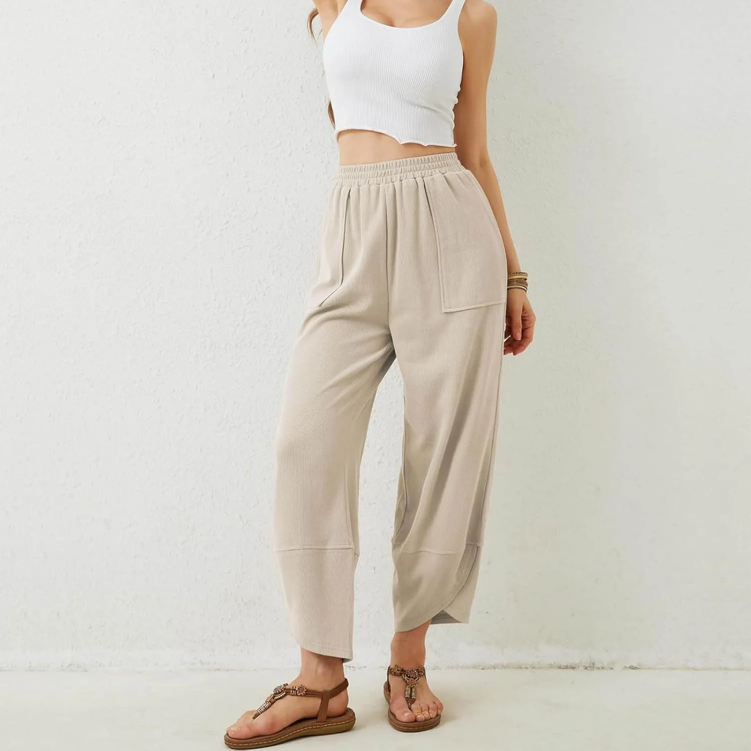 Sinzelimin Womens Harem Pants Fashion Solid Color Elastic Waist Loose Comfy Casual Bootcut Wide Leg Sweatpant with Pockets
