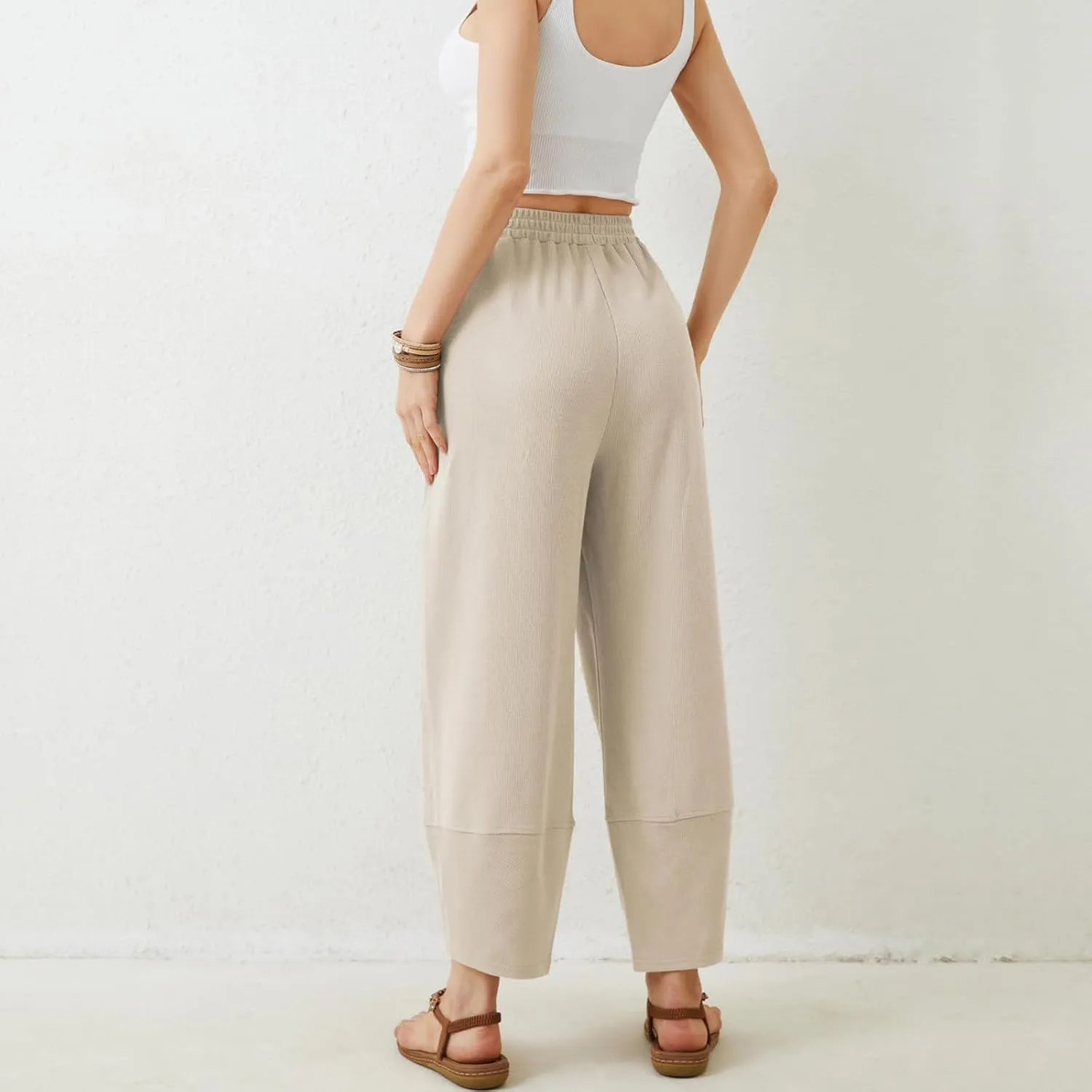 Sinzelimin Womens Harem Pants Fashion Solid Color Elastic Waist Loose Comfy Casual Bootcut Wide Leg Sweatpant with Pockets