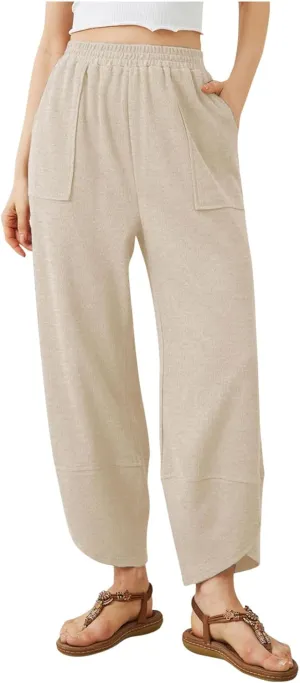 Sinzelimin Womens Harem Pants Fashion Solid Color Elastic Waist Loose Comfy Casual Bootcut Wide Leg Sweatpant with Pockets