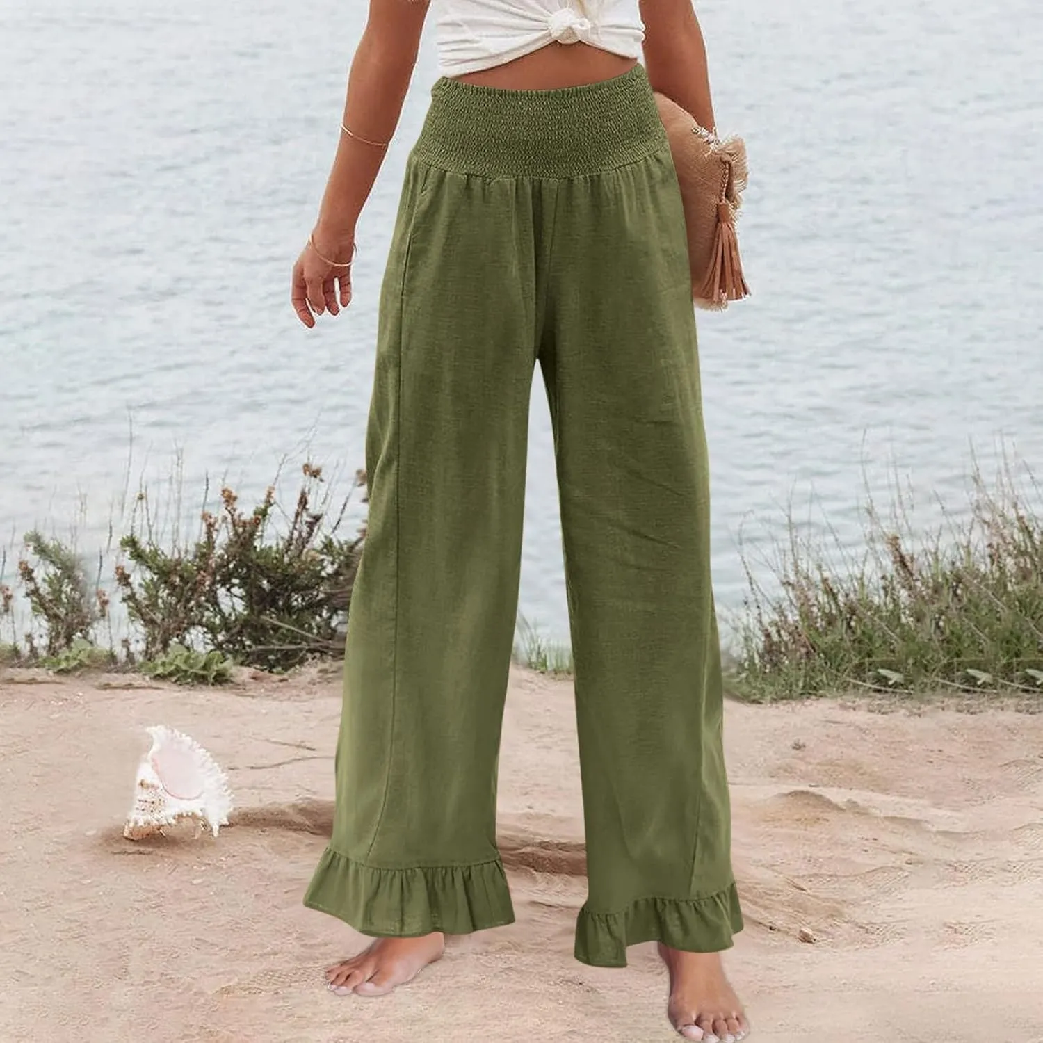 Sinzelimin Womens Harem Pants Stretchy High Waist Ruffles Hem Wide Leg Sweatpants Fashion Solid Color Loose Comfy Trouser