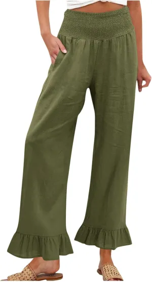 Sinzelimin Womens Harem Pants Stretchy High Waist Ruffles Hem Wide Leg Sweatpants Fashion Solid Color Loose Comfy Trouser