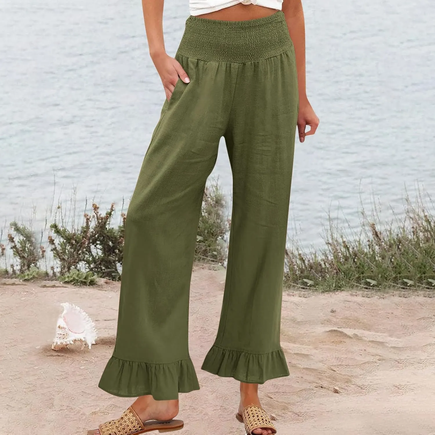 Sinzelimin Womens Harem Pants Stretchy High Waist Ruffles Hem Wide Leg Sweatpants Fashion Solid Color Loose Comfy Trouser
