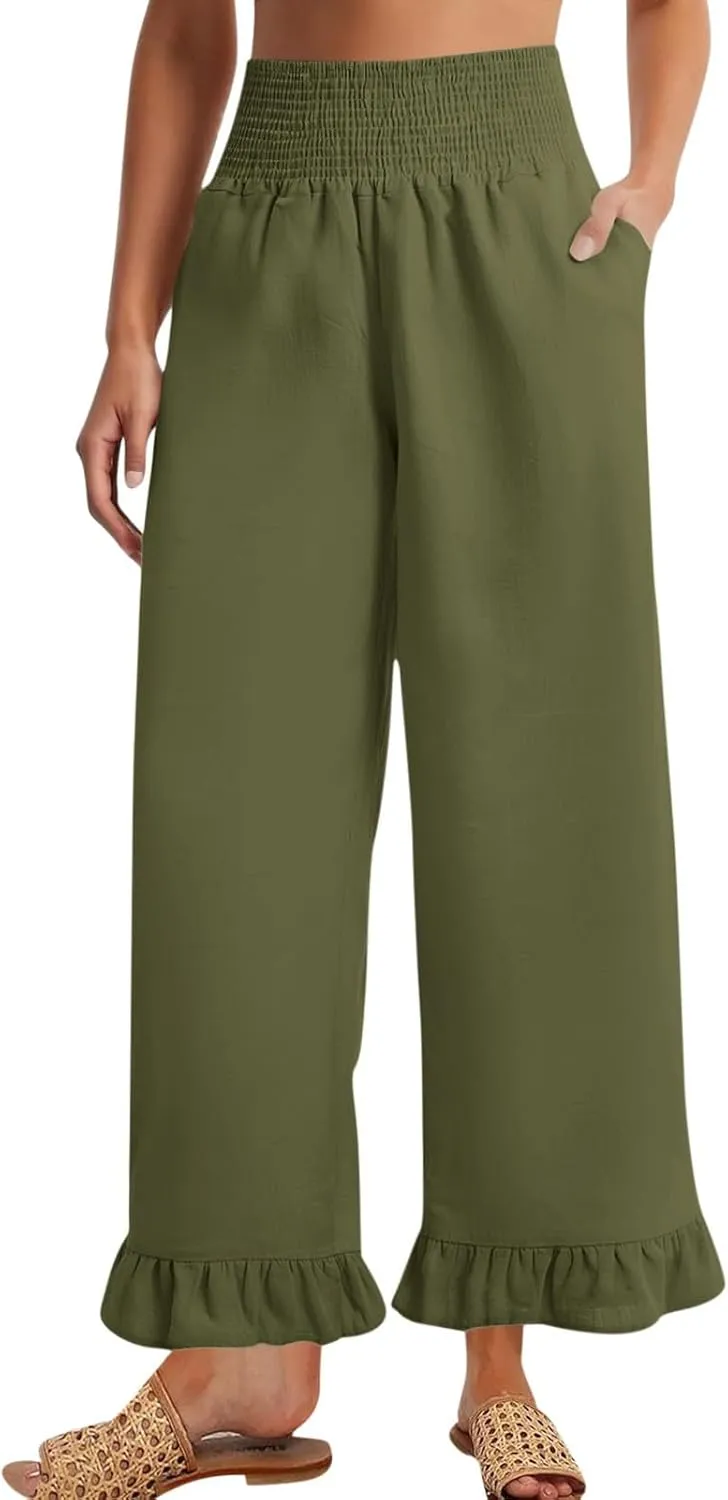 Sinzelimin Womens Harem Pants Stretchy High Waist Ruffles Hem Wide Leg Sweatpants Fashion Solid Color Loose Comfy Trouser