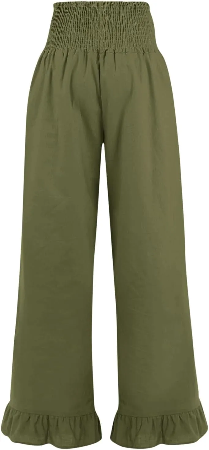 Sinzelimin Womens Harem Pants Stretchy High Waist Ruffles Hem Wide Leg Sweatpants Fashion Solid Color Loose Comfy Trouser