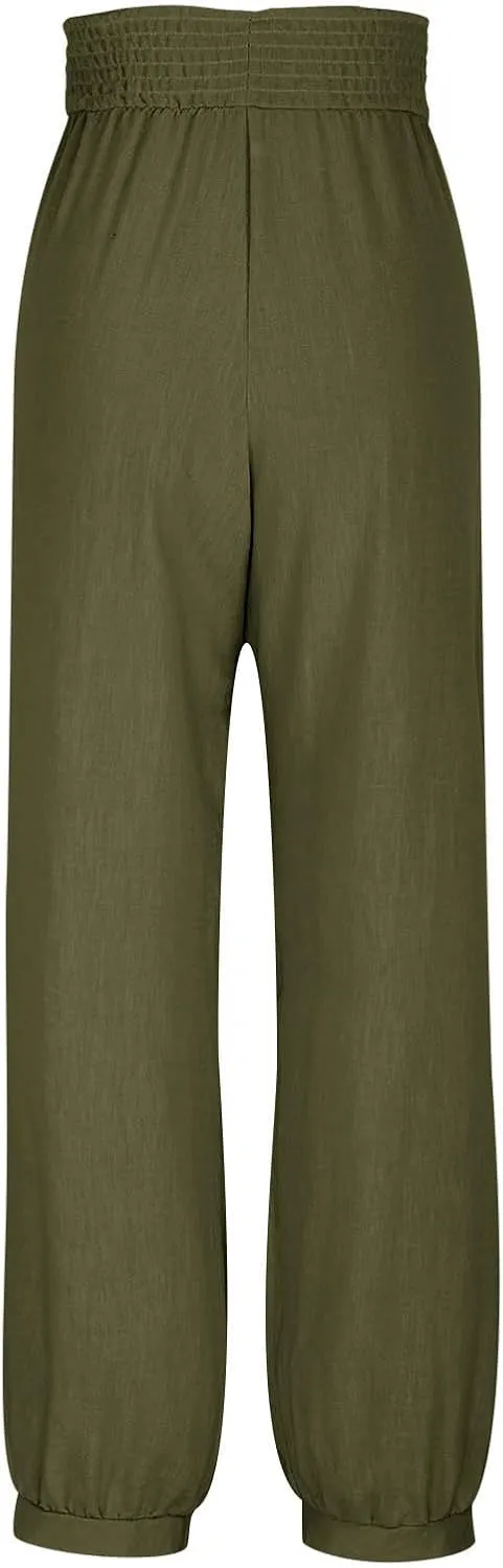 Sinzelimin Womens Linen Harem Pants Fashion Solid Color Elastic High Waist Loose Comfy Wide Leg Trouser Jogger Sweatpants