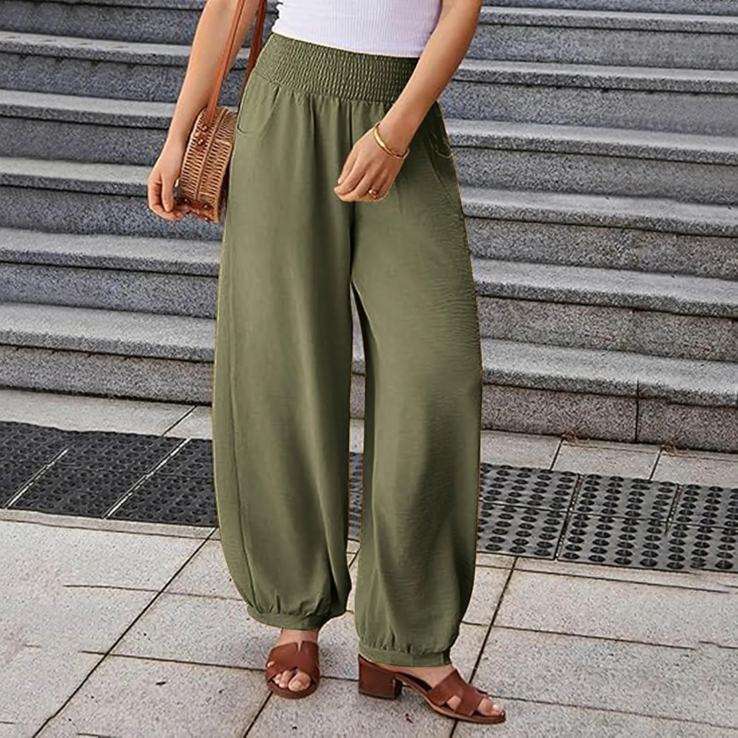 Sinzelimin Womens Linen Harem Pants Fashion Solid Color Elastic High Waist Loose Comfy Wide Leg Trouser Jogger Sweatpants