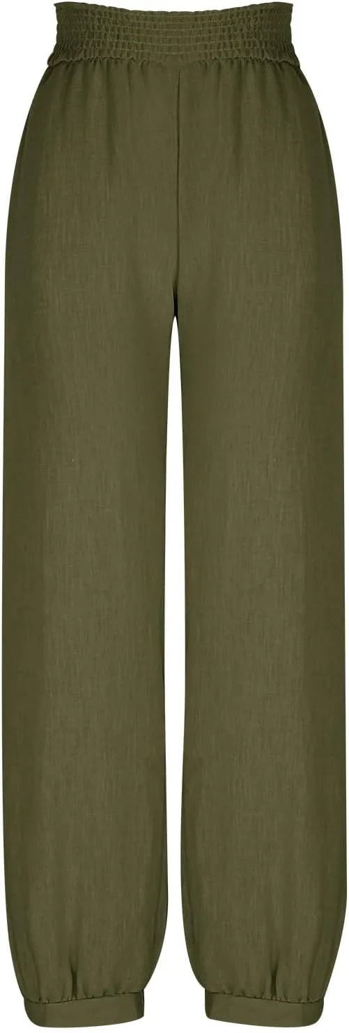 Sinzelimin Womens Linen Harem Pants Fashion Solid Color Elastic High Waist Loose Comfy Wide Leg Trouser Jogger Sweatpants