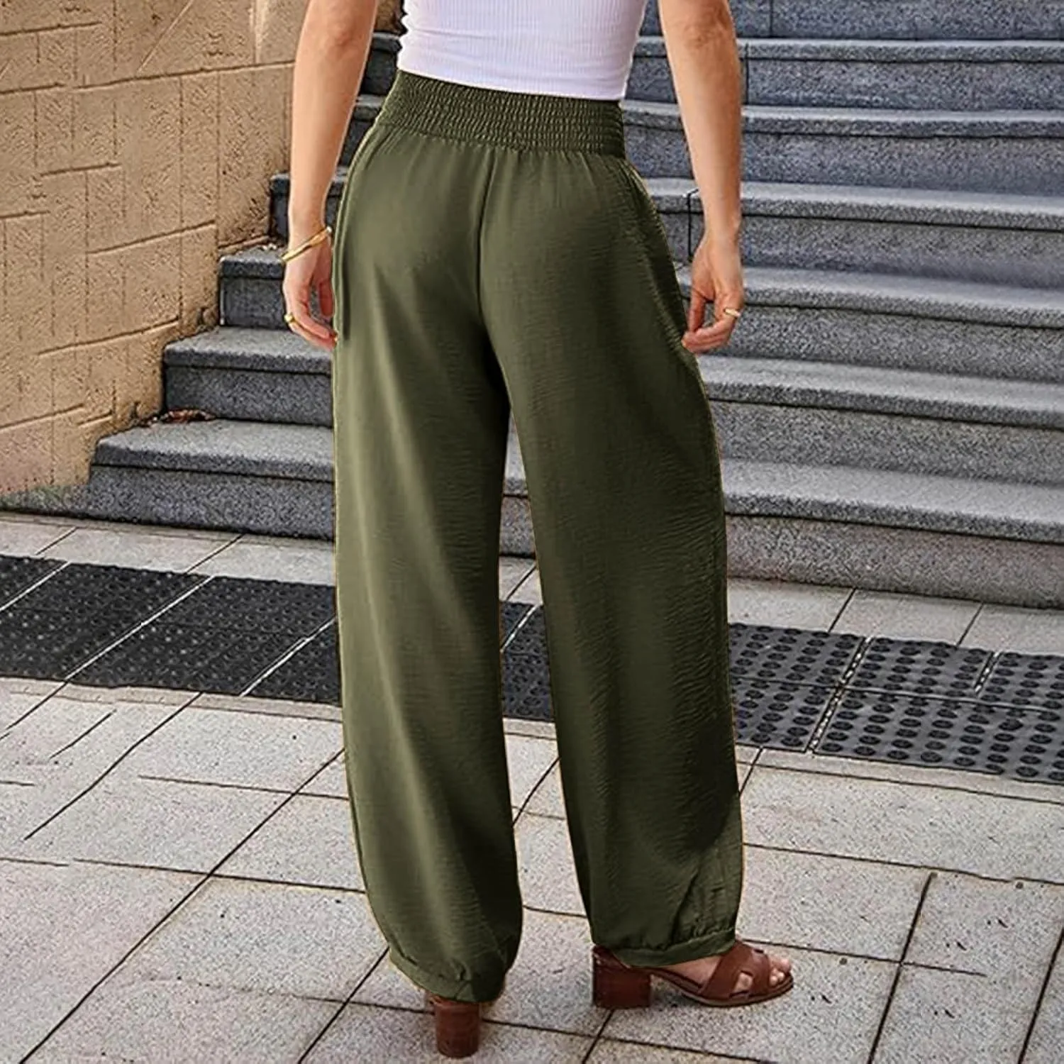 Sinzelimin Womens Linen Harem Pants Fashion Solid Color Elastic High Waist Loose Comfy Wide Leg Trouser Jogger Sweatpants