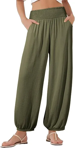 Sinzelimin Womens Linen Harem Pants Fashion Solid Color Elastic High Waist Loose Comfy Wide Leg Trouser Jogger Sweatpants