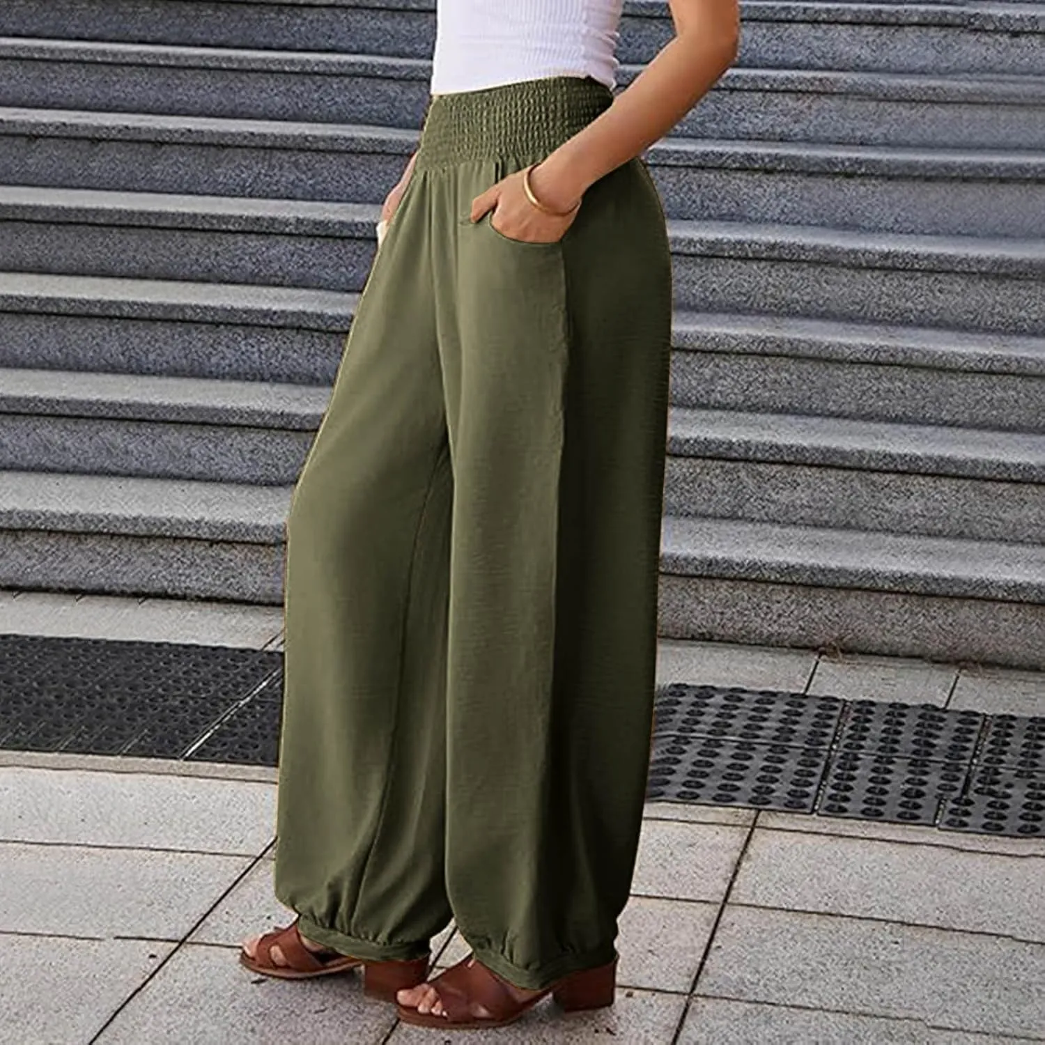 Sinzelimin Womens Linen Harem Pants Fashion Solid Color Elastic High Waist Loose Comfy Wide Leg Trouser Jogger Sweatpants