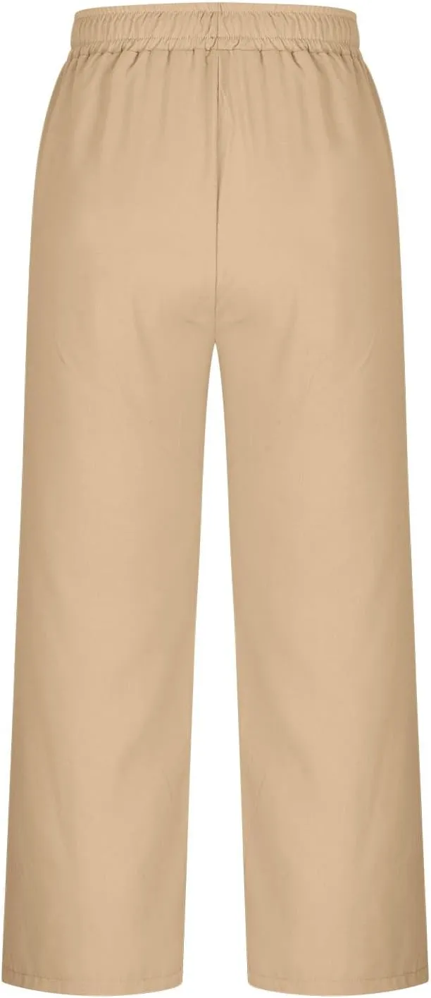 Sinzelimin Womens Linen Wide Leg Pants Fashion Solid Color Drawstring Waist Loose Comfy Harem Trouser Capri Sweatpants