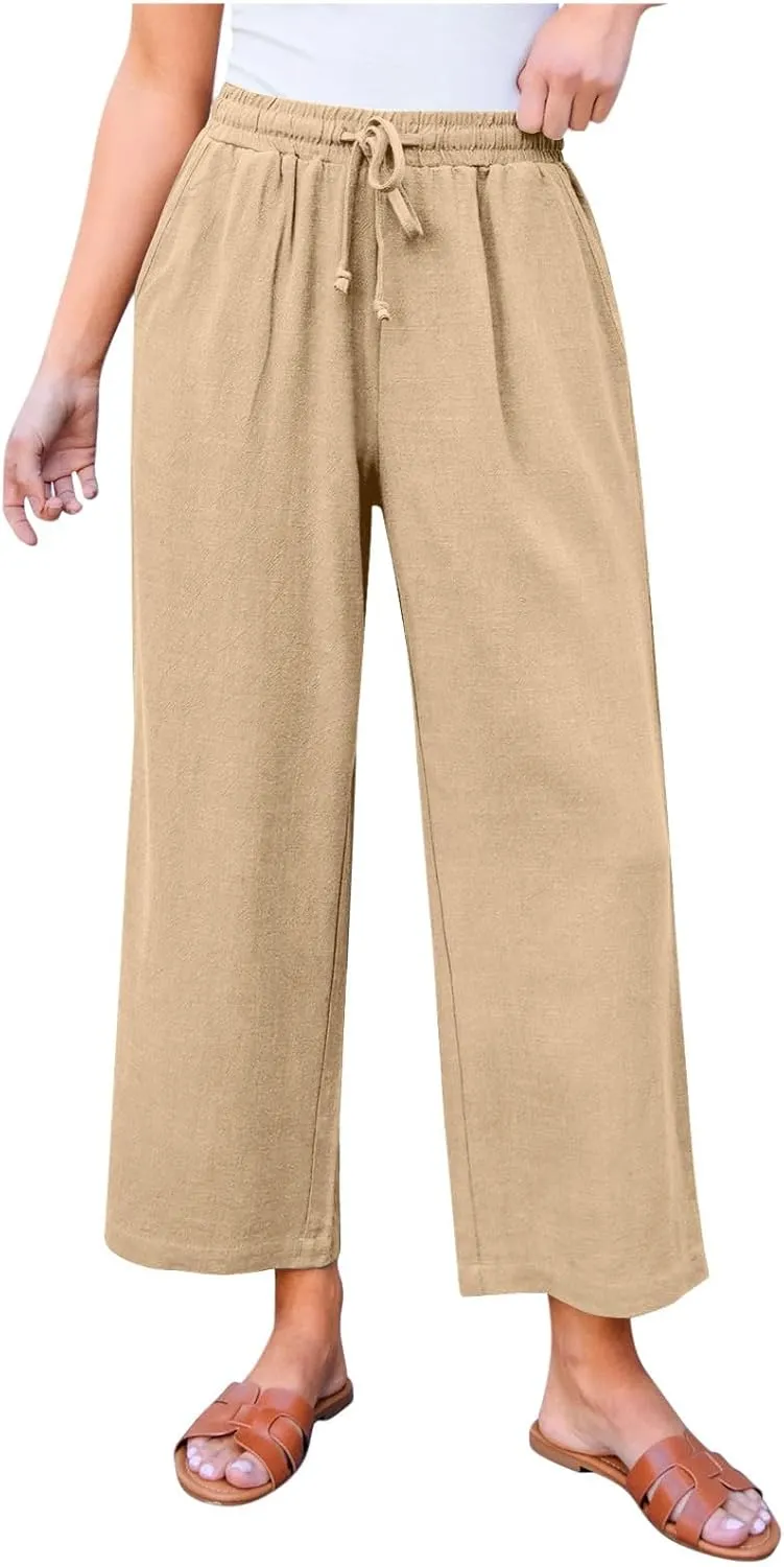Sinzelimin Womens Linen Wide Leg Pants Fashion Solid Color Drawstring Waist Loose Comfy Harem Trouser Capri Sweatpants