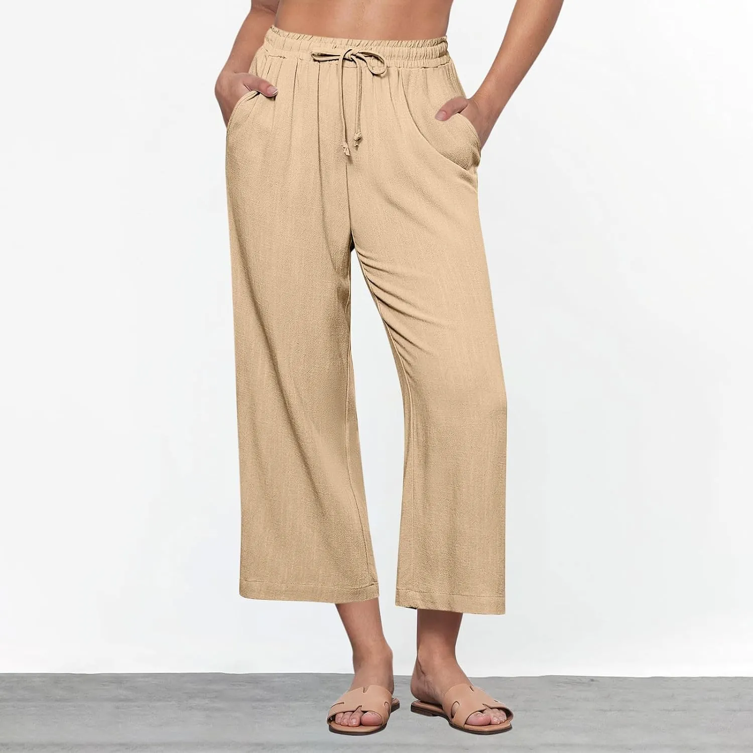 Sinzelimin Womens Linen Wide Leg Pants Fashion Solid Color Drawstring Waist Loose Comfy Harem Trouser Capri Sweatpants