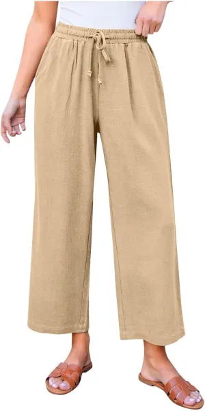Sinzelimin Womens Linen Wide Leg Pants Fashion Solid Color Drawstring Waist Loose Comfy Harem Trouser Capri Sweatpants