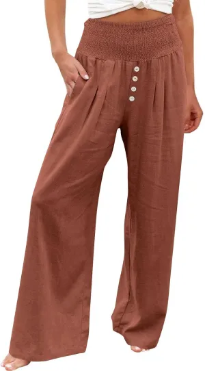 Sinzelimin Womens Linen Wide Leg Sweatpant Elastic Waist Baggy Comfy Casual Beach Pants Summer Lightweight Harem Pants