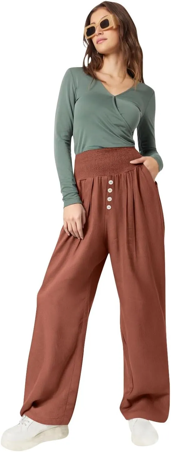 Sinzelimin Womens Linen Wide Leg Sweatpant Elastic Waist Baggy Comfy Casual Beach Pants Summer Lightweight Harem Pants