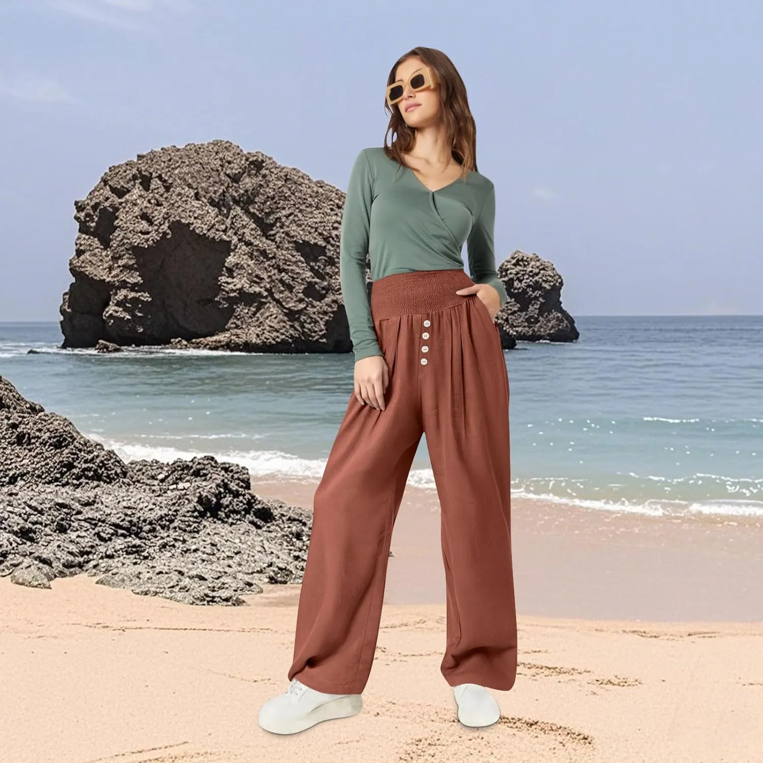 Sinzelimin Womens Linen Wide Leg Sweatpant Elastic Waist Baggy Comfy Casual Beach Pants Summer Lightweight Harem Pants