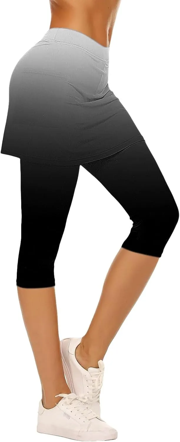 Skirted Leggings for Women High Waisted Tummy Control Soft Yoga Capris with Skirt Athletic Golf Tennis with Leggings