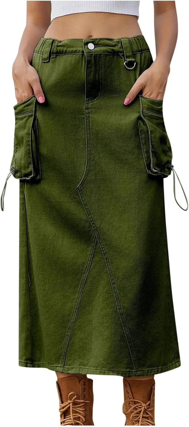 Skirts for Women Fall Winter Warm Straight Skirt High Waist Hip-Wrapped Skirt Casual Jean Cargo Skirts with Pocket