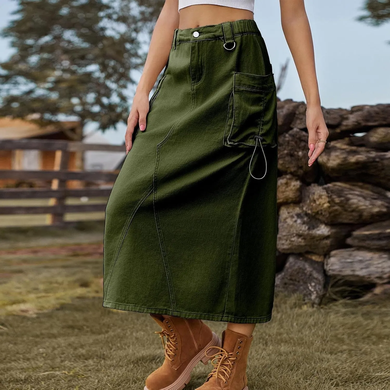 Skirts for Women Fall Winter Warm Straight Skirt High Waist Hip-Wrapped Skirt Casual Jean Cargo Skirts with Pocket