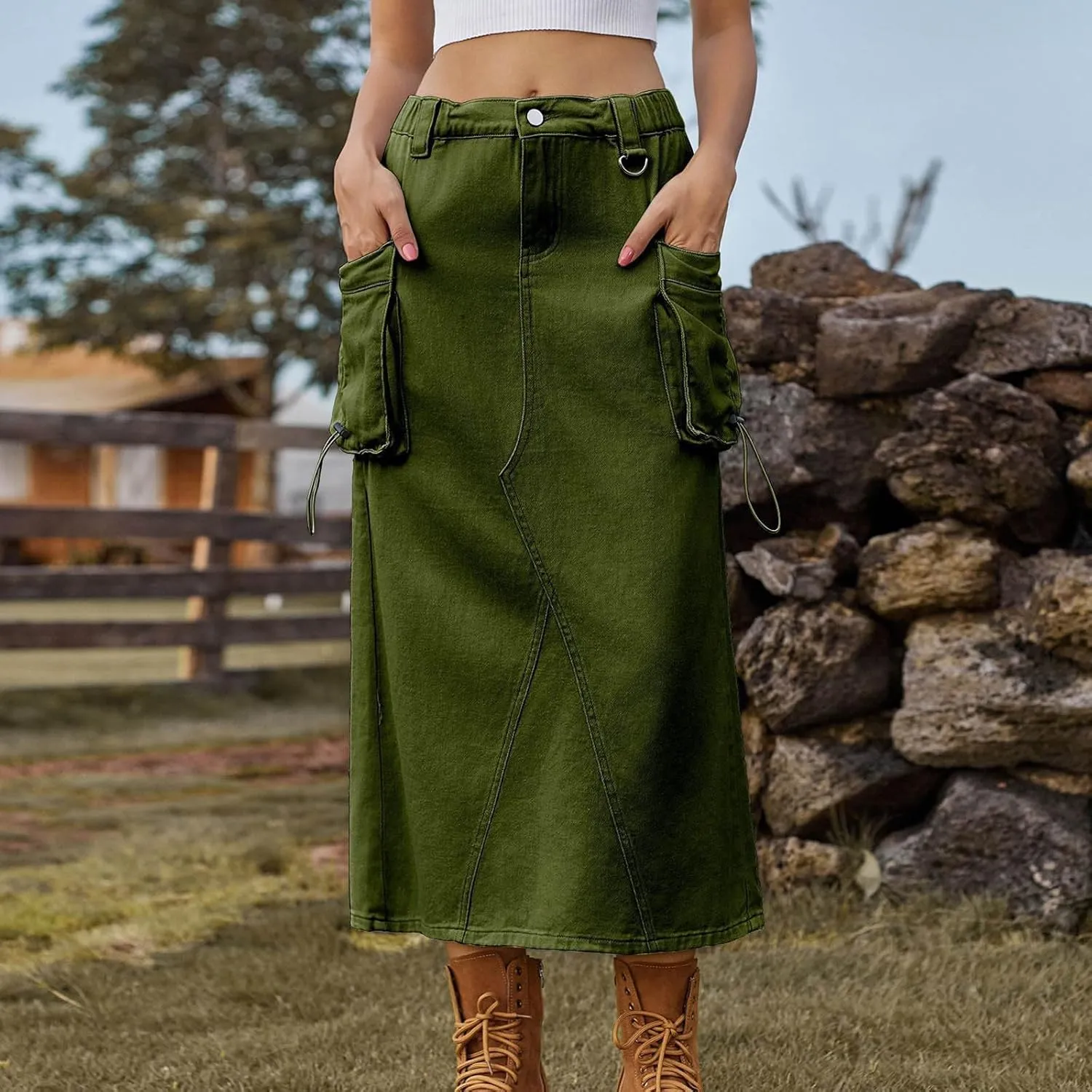 Skirts for Women Fall Winter Warm Straight Skirt High Waist Hip-Wrapped Skirt Casual Jean Cargo Skirts with Pocket