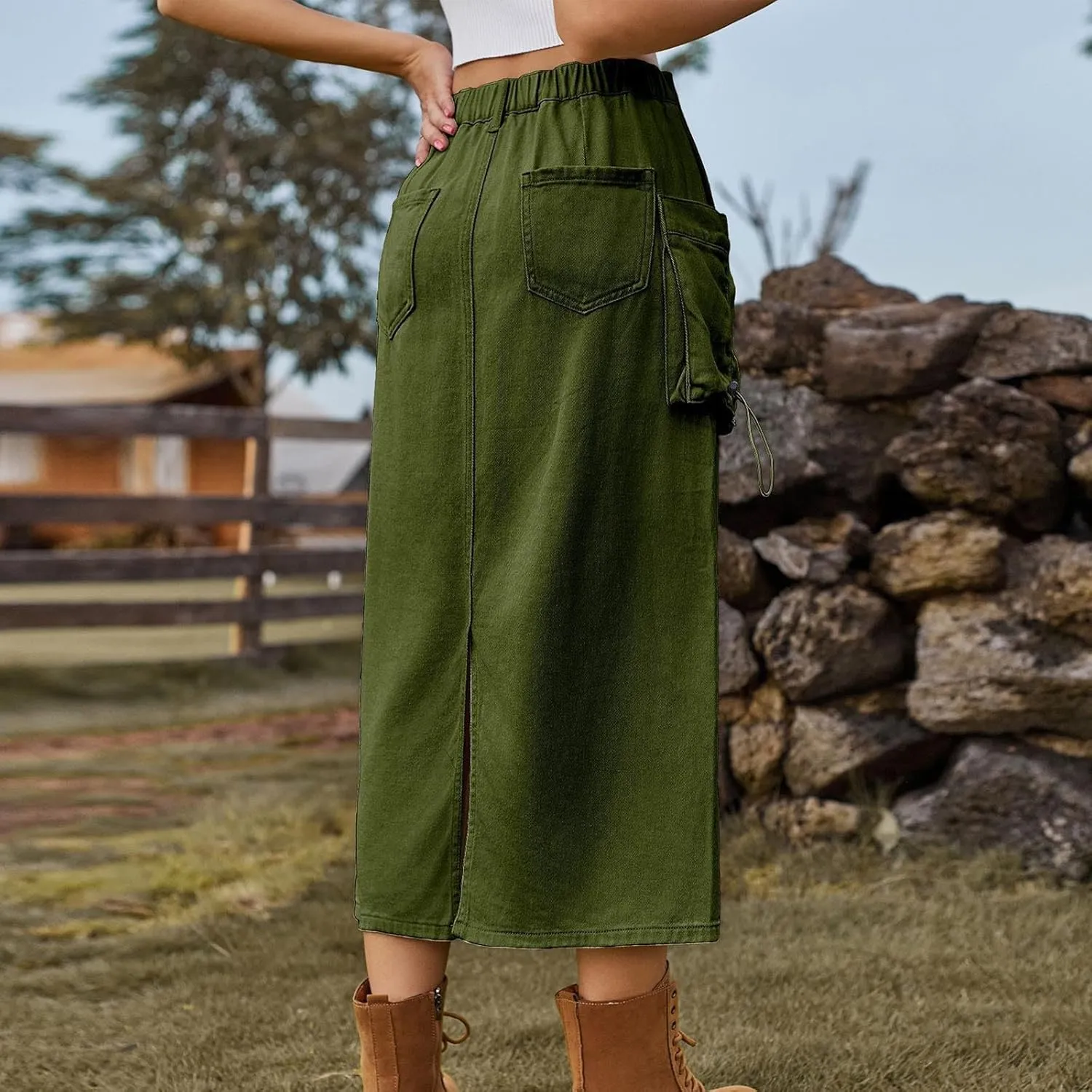 Skirts for Women Fall Winter Warm Straight Skirt High Waist Hip-Wrapped Skirt Casual Jean Cargo Skirts with Pocket