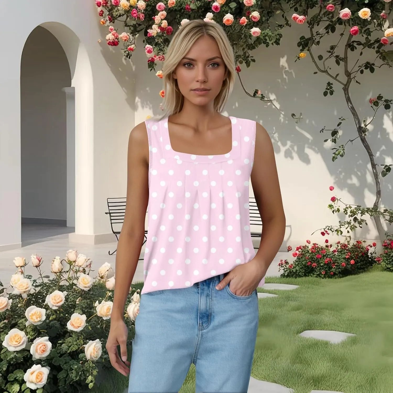slqdgmryz Square Neck Tank Top Women Workout Loose Pleated Sleeveless Shirts Athletic Running Layering Casual Long Tank Tops
