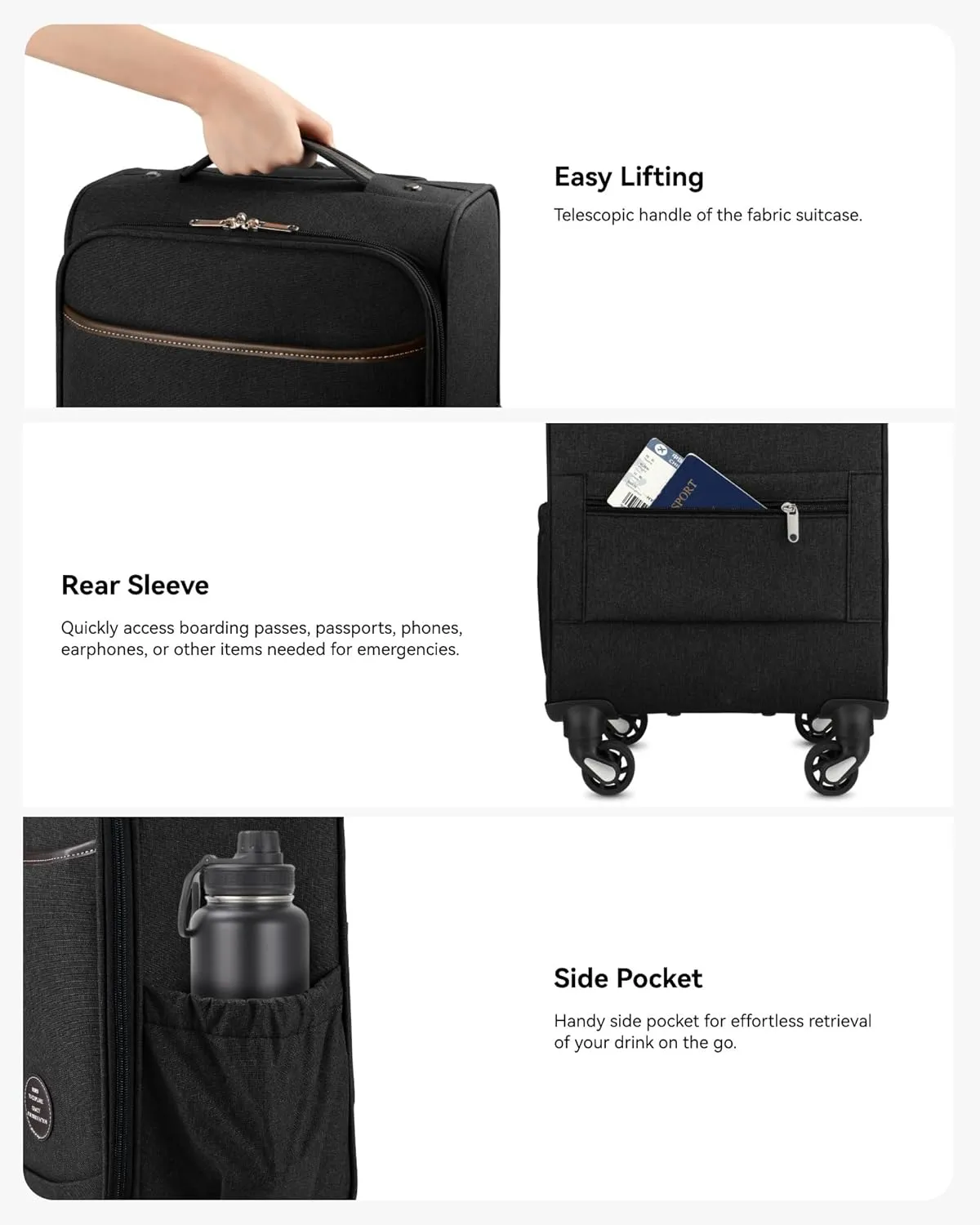 Small Carry On Luggage with Wheels, 16 Inch Lightweight Luggage with Front Opening, Soft Sided Rolling Travel Suitcase (Black)