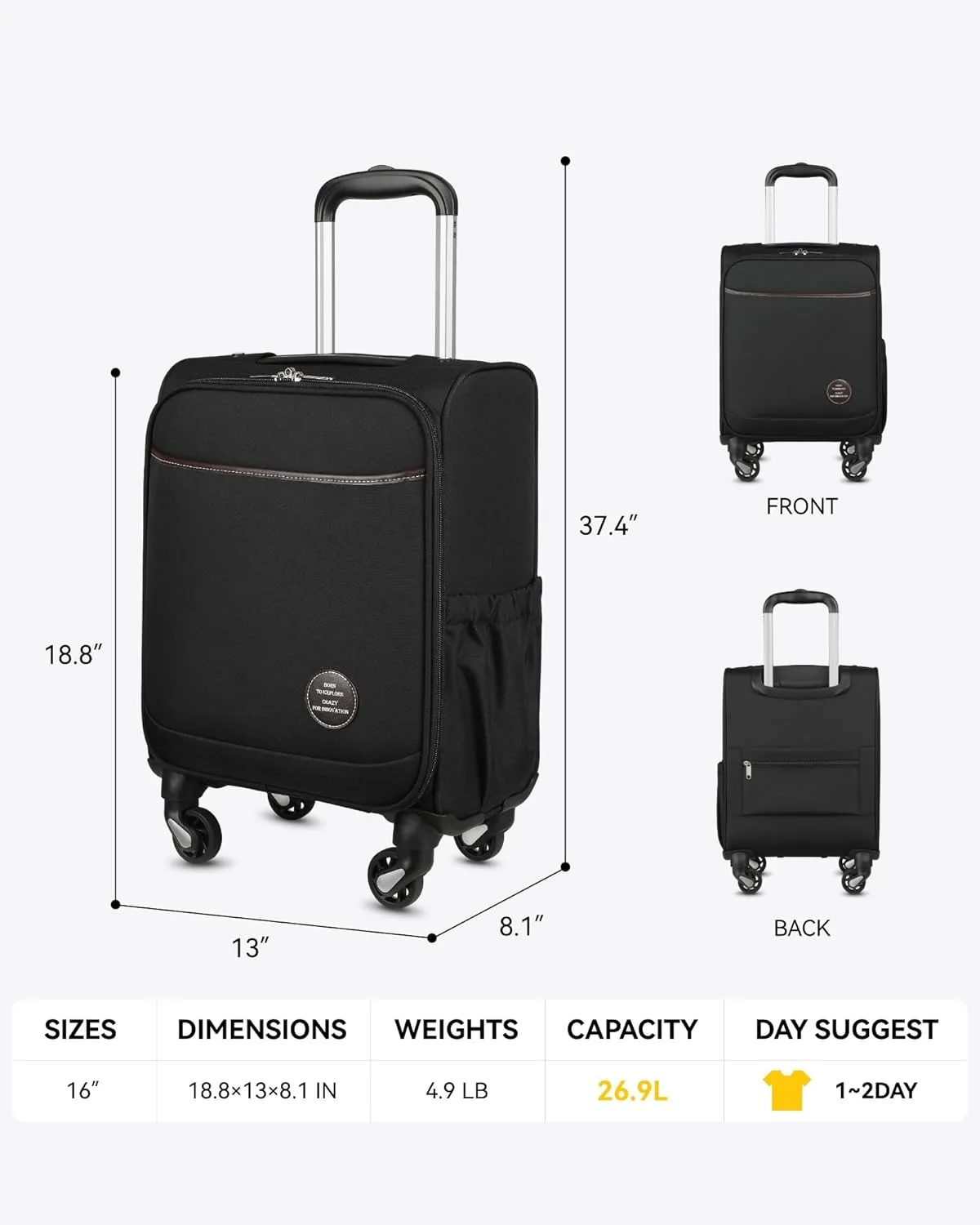 Small Carry On Luggage with Wheels, 16 Inch Lightweight Luggage with Front Opening, Soft Sided Rolling Travel Suitcase (Black)