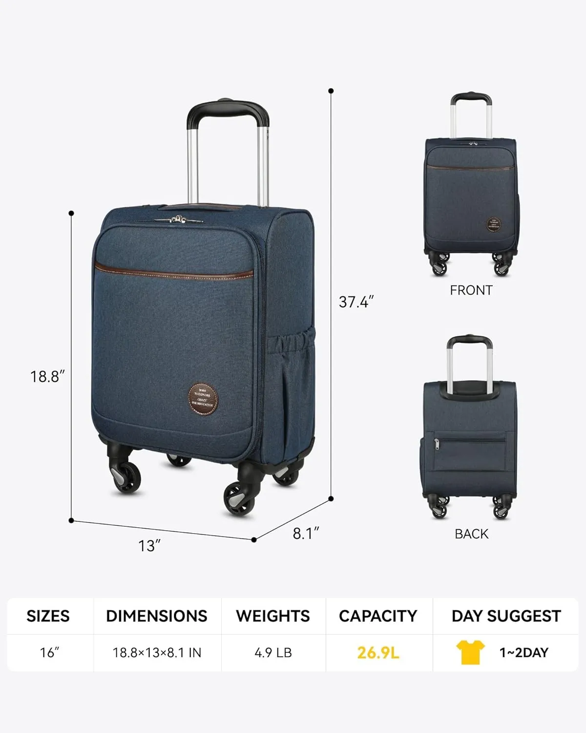 Small Carry On Luggage with Wheels, 16 Inch Lightweight Luggage with Front Opening, Soft Sided Rolling Travel Suitcase (Blue)