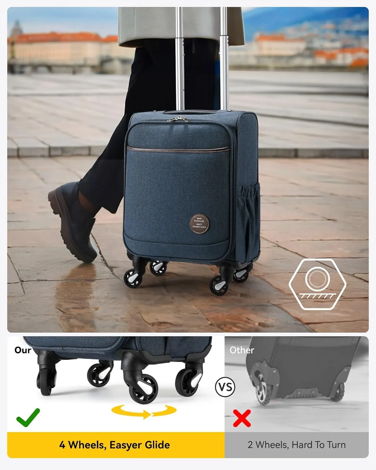 Small Carry On Luggage with Wheels, 16 Inch Lightweight Luggage with Front Opening, Soft Sided Rolling Travel Suitcase (Blue)