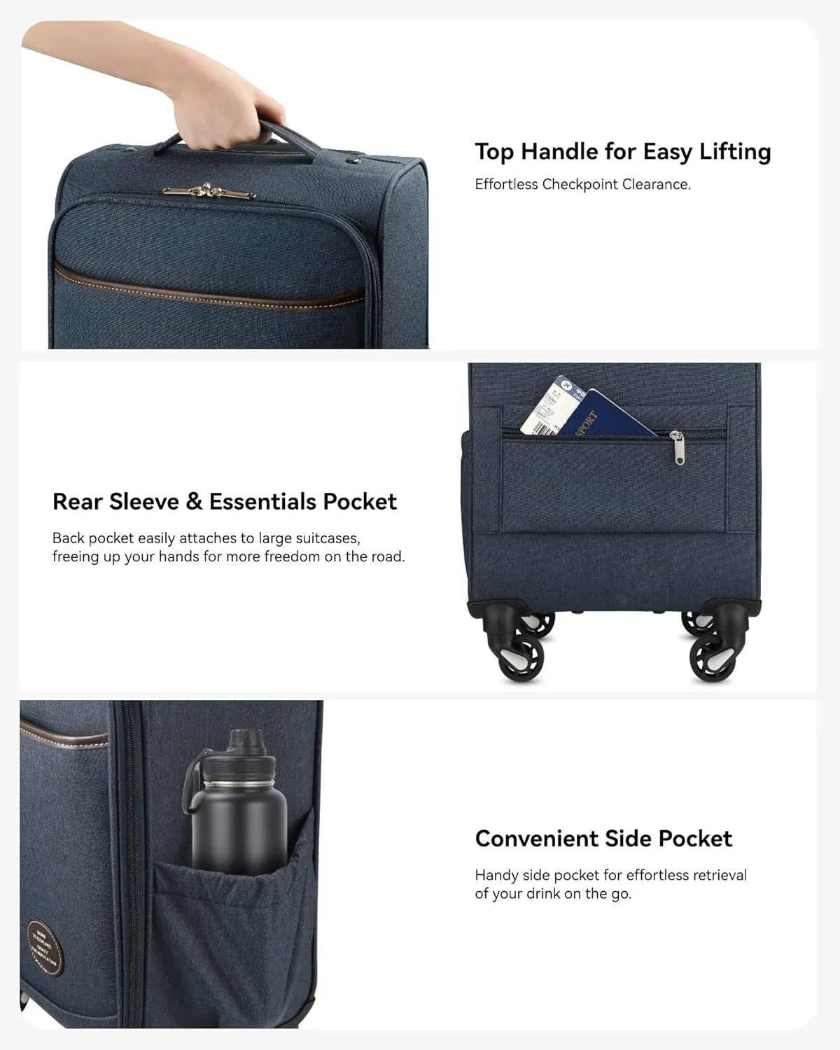 Small Carry On Luggage with Wheels, 16 Inch Lightweight Luggage with Front Opening, Soft Sided Rolling Travel Suitcase (Blue)