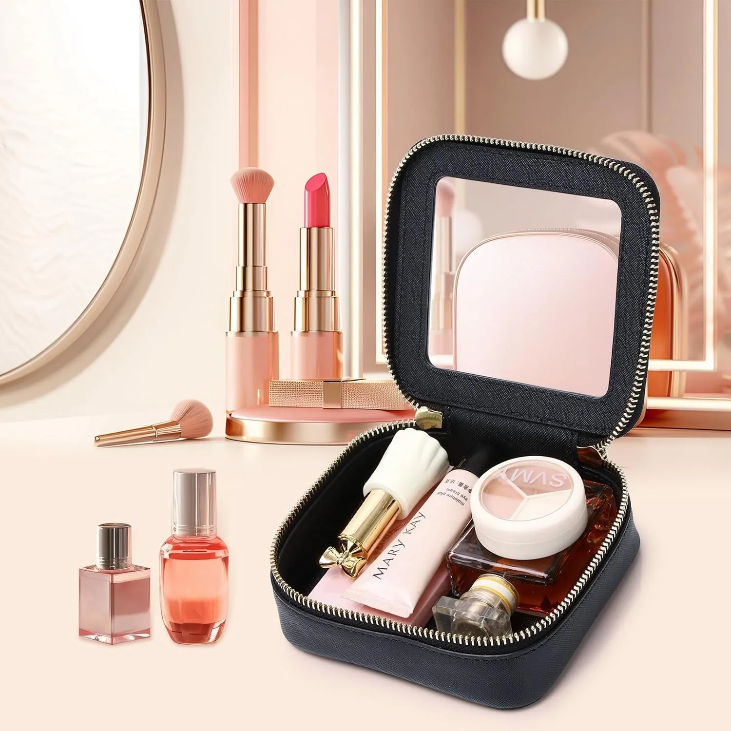 Small Makeup Bag Mini Clear Cosmetic Makeup Case & Toiletry Bag with Zipper Women's Purse Organizer & Car Essentials (Black, MINI)