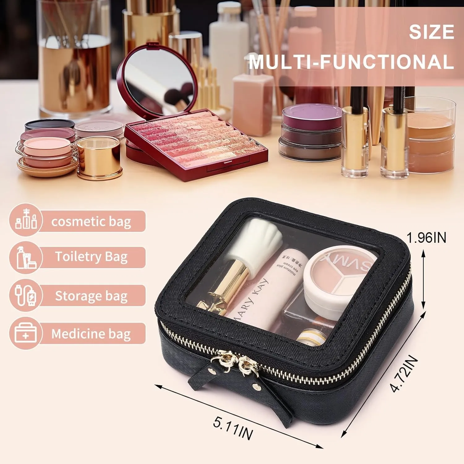 Small Makeup Bag Mini Clear Cosmetic Makeup Case & Toiletry Bag with Zipper Women's Purse Organizer & Car Essentials (Black, MINI)
