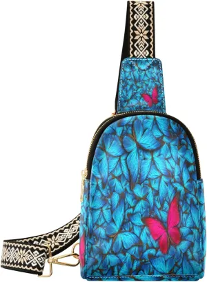 Small Sling Bag Waist Packs Leather Crossbody Packs Chest Bag Blue Red Butterfly for Women Travel Belt Purse