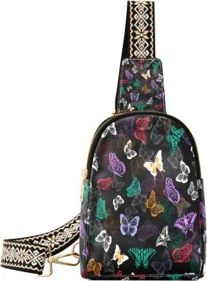 Small Sling Bag Waist Packs Leather Crossbody Packs Chest Bag Butterfly Colorful Animals for Women Travel Belt Purse