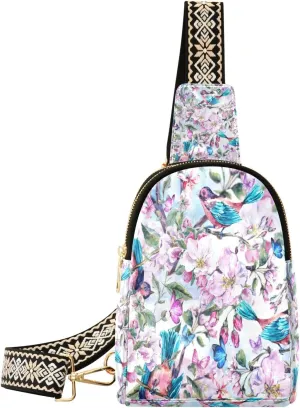 Small Sling Bag Waist Packs Leather Crossbody Packs Chest Bag Colorful Bird Pink Flower for Women Travel Belt Purse
