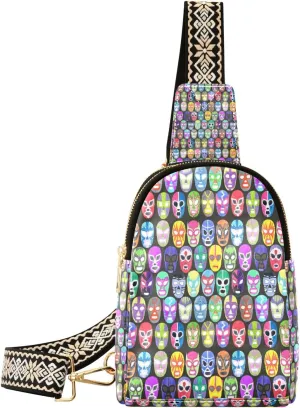 Small Sling Bag Waist Packs Leather Crossbody Packs Chest Bag Colorful Mask for Women Travel Belt Purse