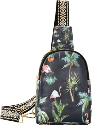 Small Sling Bag Waist Packs Leather Crossbody Packs Chest Bag Flamingos Coconut Trees for Women Travel Belt Purse