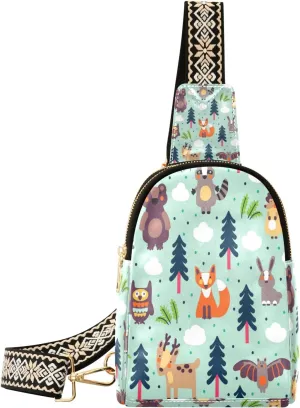 Small Sling Bag Waist Packs Leather Crossbody Packs Chest Bag Forest Animals for Women Travel Belt Purse