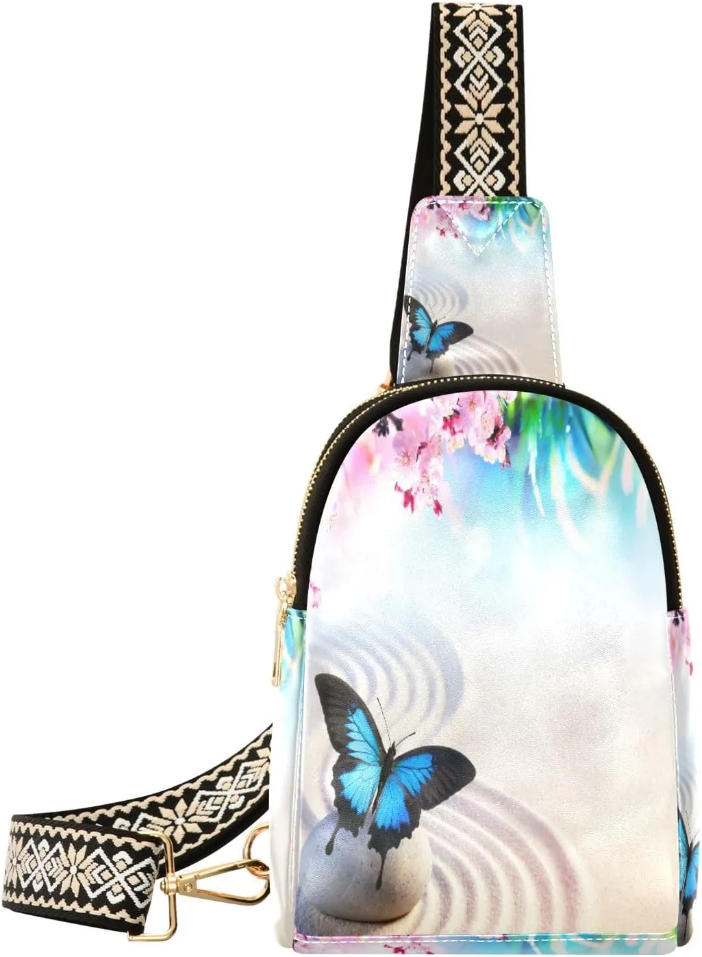 Small Sling Bag Waist Packs Leather Crossbody Packs Chest Bag Japanese Butterfly Zen and Sakura Blossoms for Women Travel Belt Purse