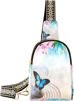 Small Sling Bag Waist Packs Leather Crossbody Packs Chest Bag Japanese Butterfly Zen and Sakura Blossoms for Women Travel Belt Purse
